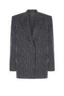 Gray striped Jacques blazer by Montsand, tailored fit blazer with classic pattern, shown on a hanger.