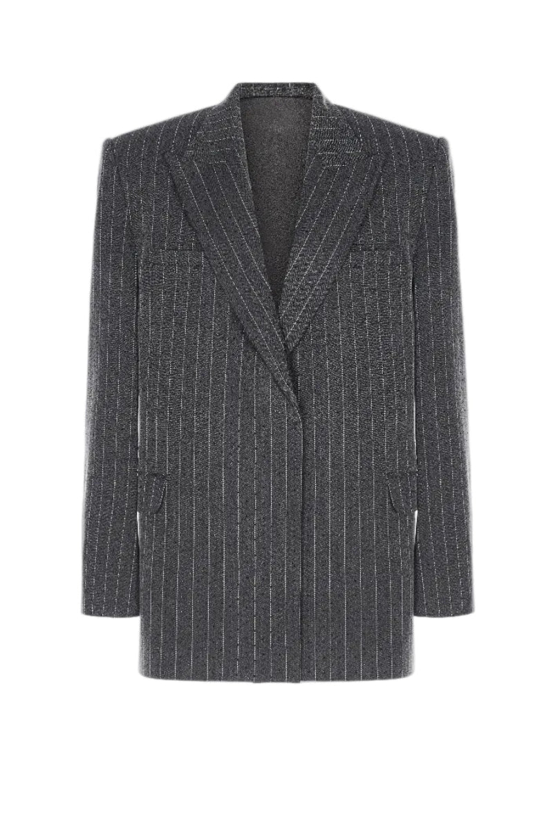 Gray striped Jacques blazer by Montsand, tailored fit blazer with classic pattern, shown on a hanger.