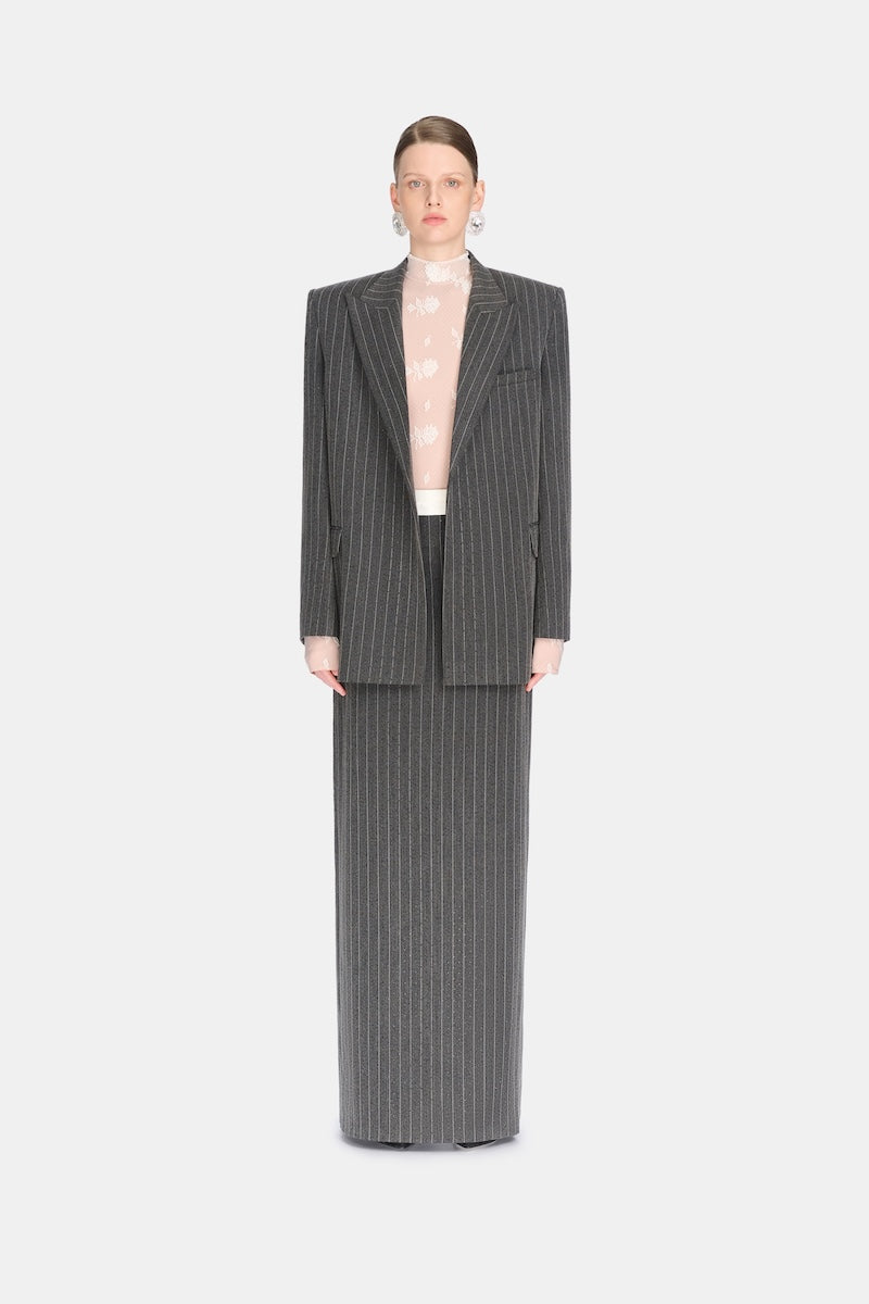 Gray striped Jacques blazer by Montsand, tailored fit with classic lapels, shown on a hanger against a plain background.