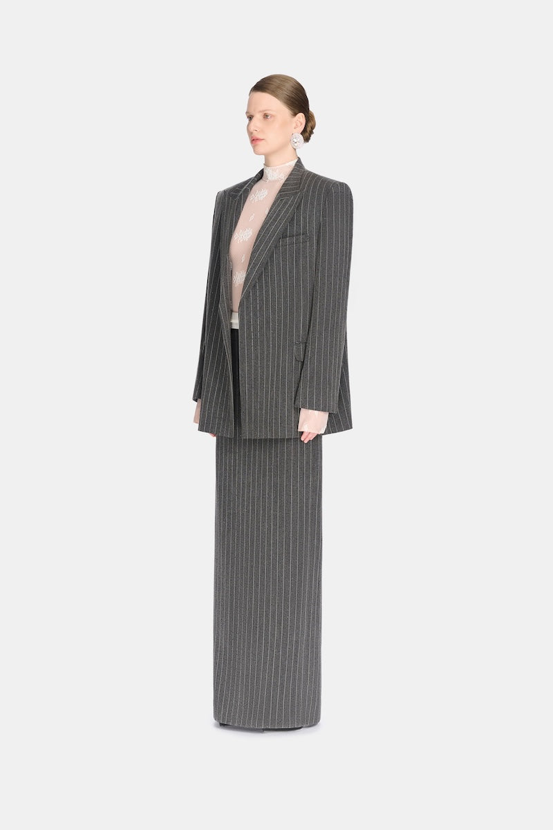 Gray striped Jacques blazer by Montsand, tailored fit, featuring classic lapel and button closure, displayed on a hanger.