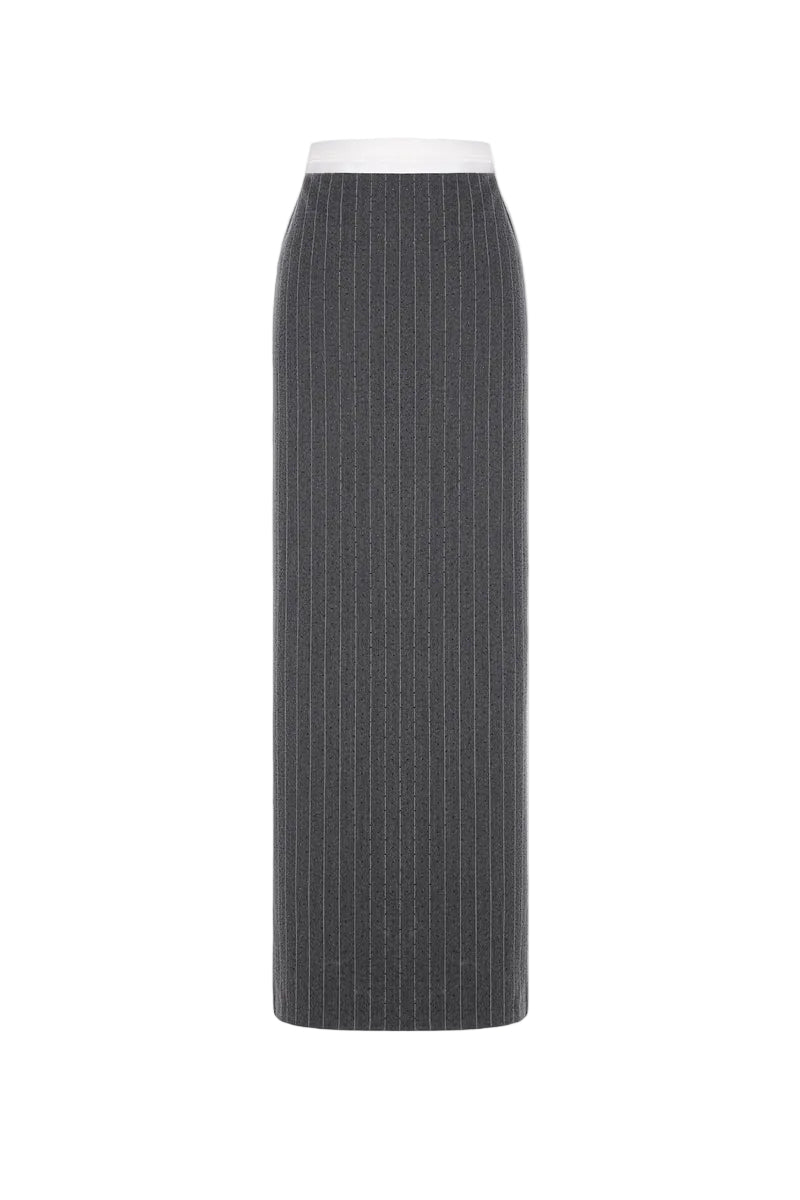 Gray striped Jacques maxi skirt by Montsand, flowing fabric with horizontal stripe pattern, elegant and casual summer wear
