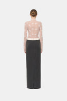 Gray striped Jacques maxi skirt by Montsand, flowing fabric with horizontal stripe pattern, stylish and comfortable.