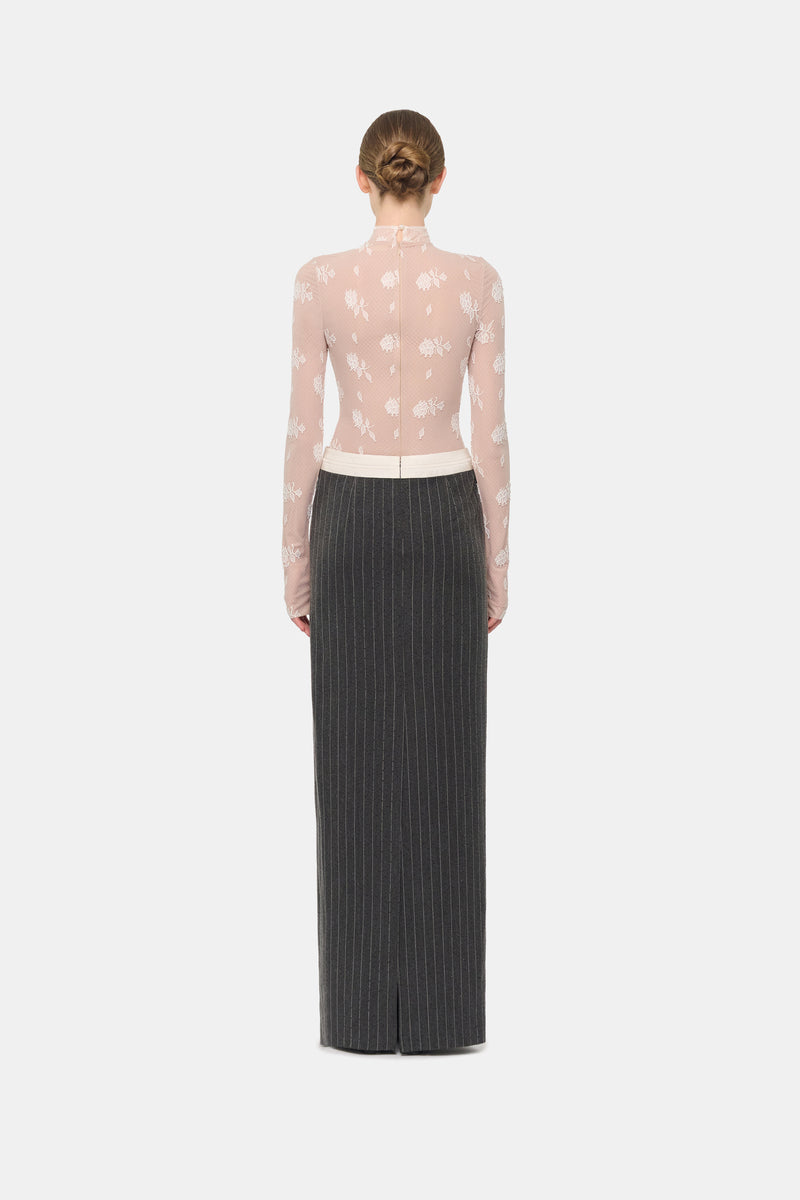 Gray striped Jacques maxi skirt by Montsand, flowing fabric with horizontal stripe pattern, stylish and comfortable.