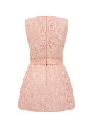 Light pink sleeveless bell mini dress by I.H.F Studio featuring lace fabric, puff hips, and a crystal-embellished bow belt.