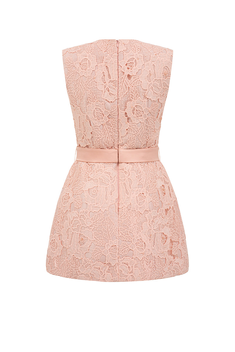 Light pink sleeveless bell mini dress by I.H.F Studio featuring lace fabric, puff hips, and a crystal-embellished bow belt.