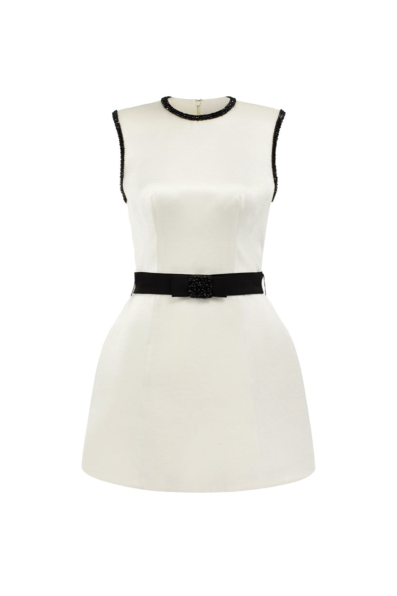 Ivory sleeveless bell mini dress by I.H.F Studio featuring structured taffeta fabric, puff hips, and a crystal-embellished bow belt.