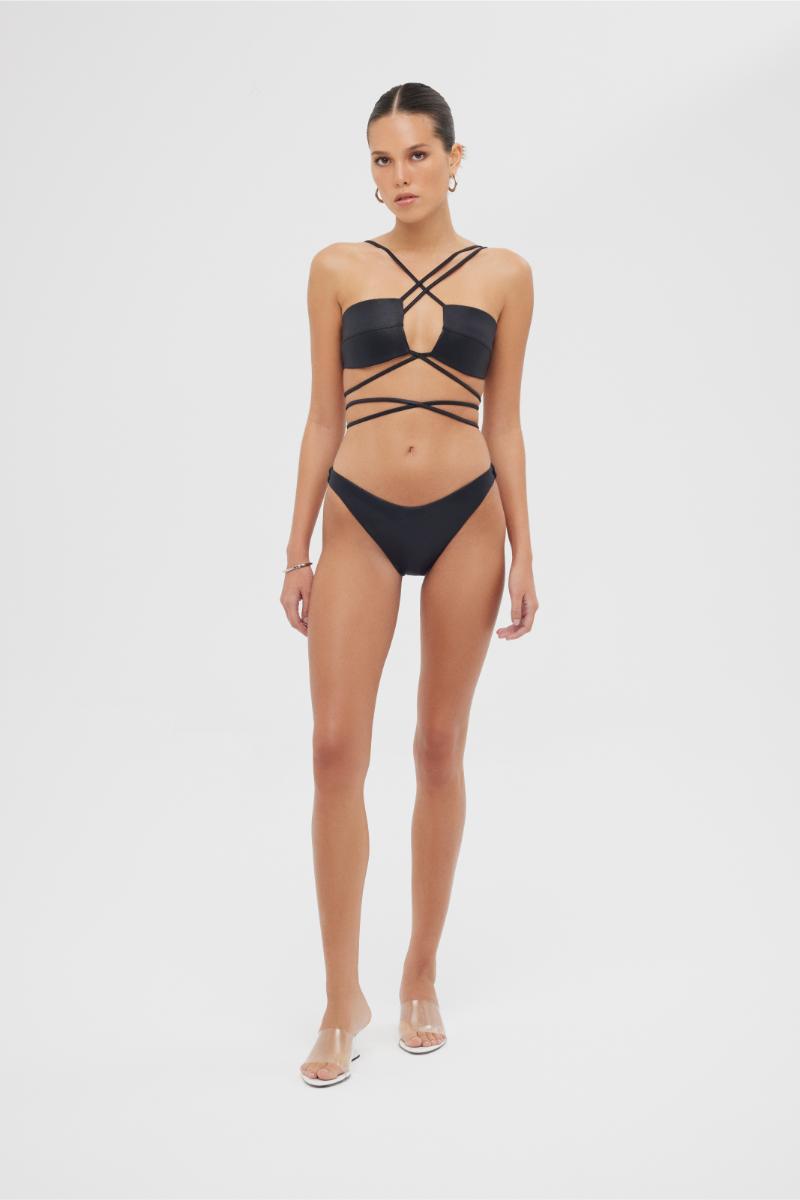 Shiny black Sue bikini set by Maliluha featuring a stylish two-piece swimsuit with a sleek design and minimal detailing.