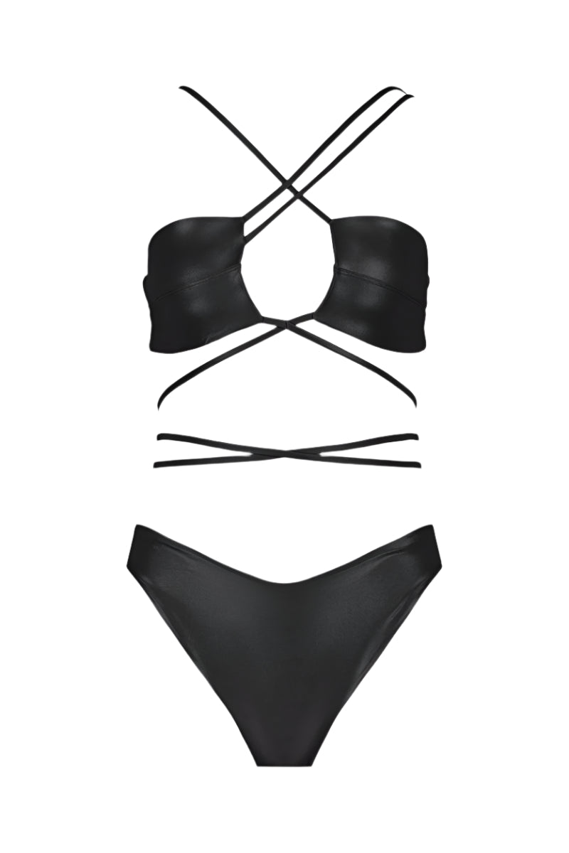 Maliluha Sue bikini set in shiny black with a stylish two-piece swimsuit for swimming and beachwear.