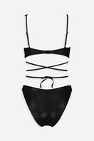 Shiny black Sue bikini set by Maliluha featuring a stylish two-piece swimsuit with sleek, fitted design for swimming and beachwear.