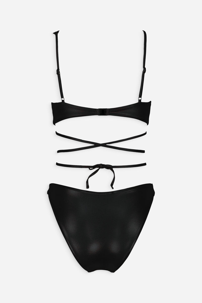Shiny black Sue bikini set by Maliluha featuring a stylish two-piece swimsuit with sleek, fitted design for swimming and beachwear.