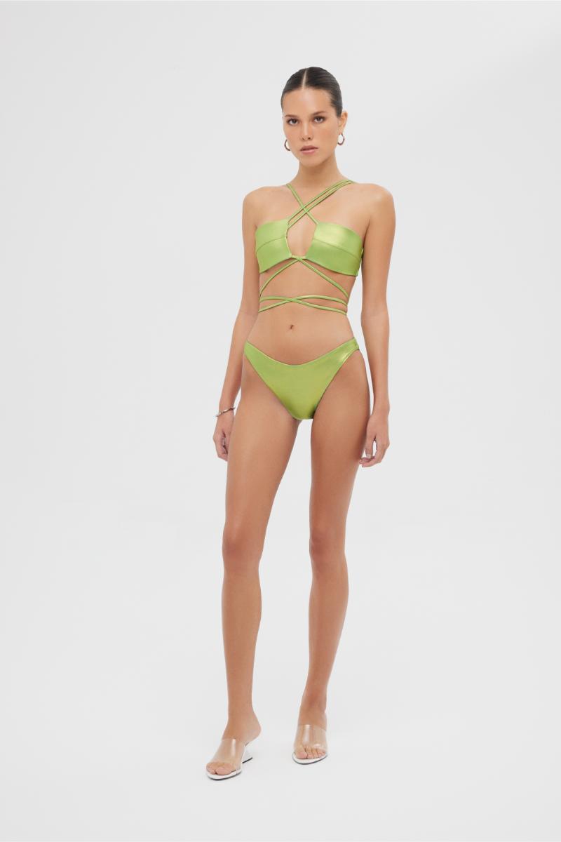 Shiny green Sue bikini set by Maliluha, featuring a stylish two-piece swimsuit with a sleek, modern design.