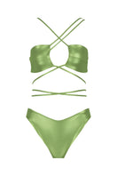 Shiny green Sue bikini set by Maliluha featuring a stylish two-piece swimsuit with a sleek design and adjustable straps.