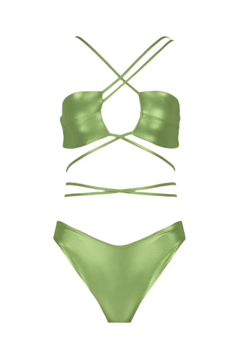 Shiny green Sue bikini set by Maliluha featuring a stylish two-piece swimsuit with a sleek design and adjustable straps.