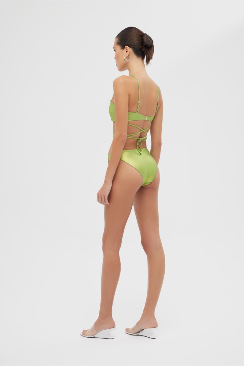Maliluha Sue bikini set in shiny green with triangle top and matching bottoms, ideal for beach or pool wear.