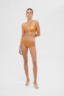 Shiny orange Sue bikini set by Maliluha featuring a stylish two-piece swimsuit with a sleek fit and vibrant color.