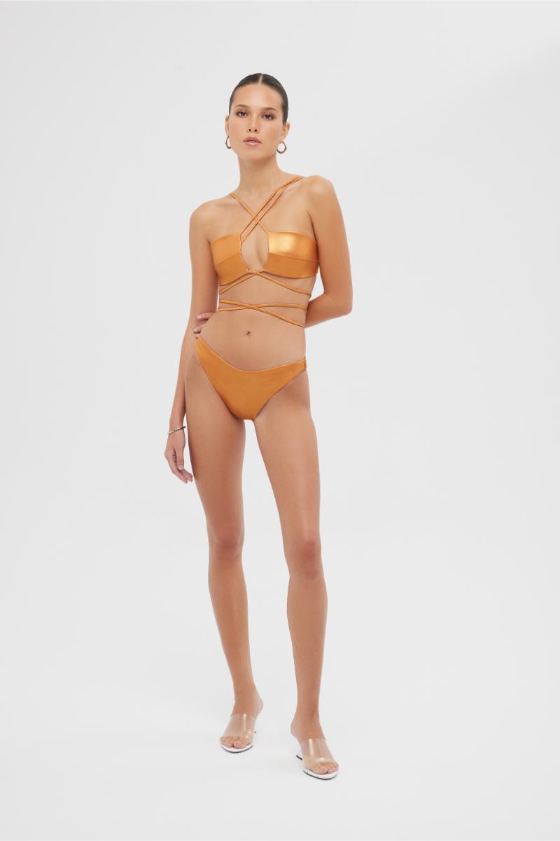 Shiny orange Sue bikini set by Maliluha featuring a stylish two-piece swimsuit with a sleek fit and vibrant color.