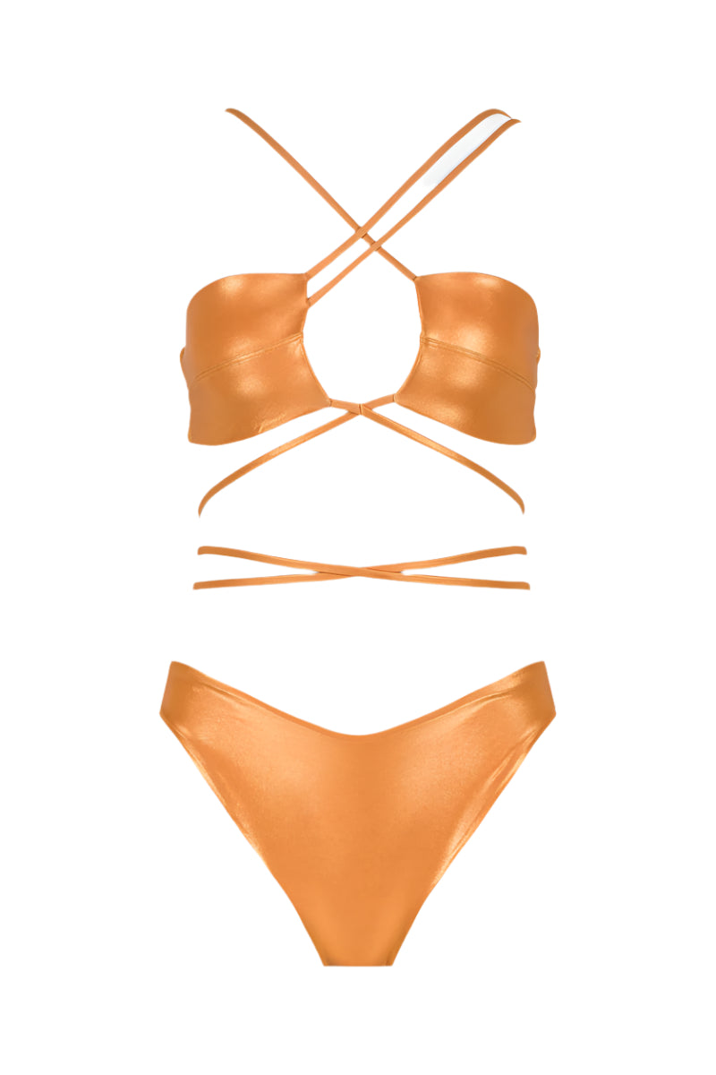 Maliluha Sue bikini set in shiny orange with a stylish swimwear design, perfect for beach or poolside wear.