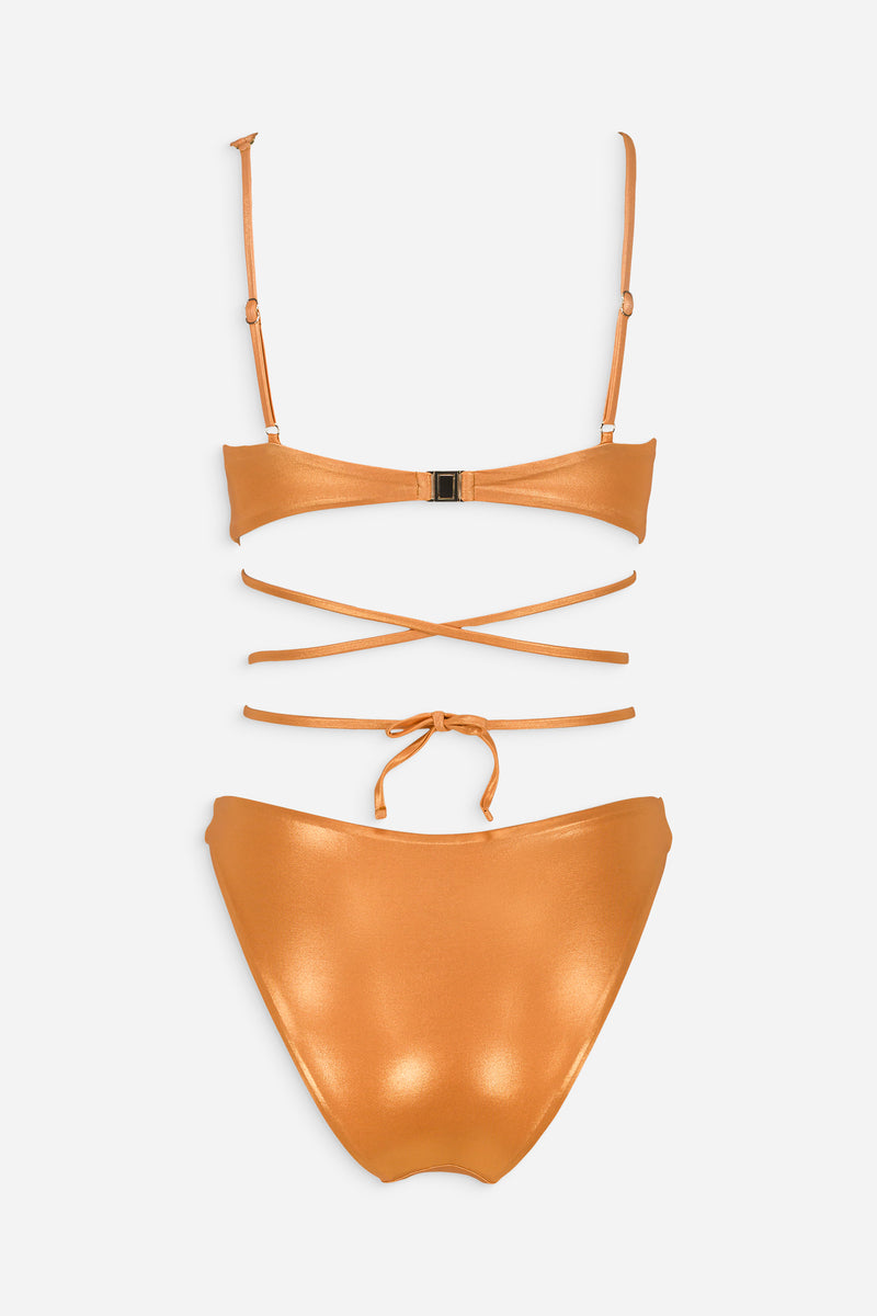 Maliluha Sue bikini set in shiny orange featuring a stylish two-piece swimsuit with a flattering fit.