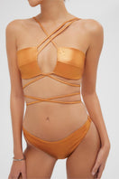Shiny orange Sue bikini set by Maliluha featuring a two-piece swimsuit with a stylish cut and vibrant color.