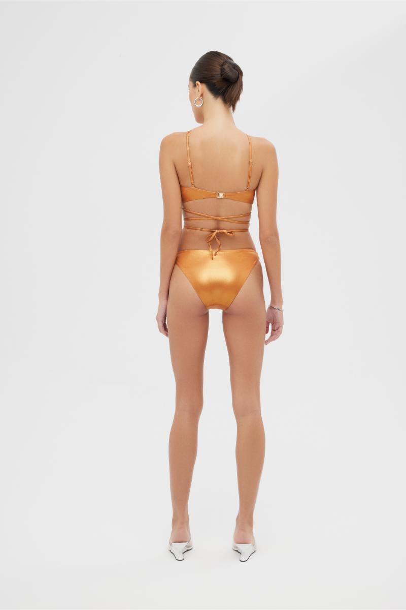 Shiny orange Sue bikini set by Maliluha, featuring a stylish two-piece swimsuit with a supportive top and matching bottoms.