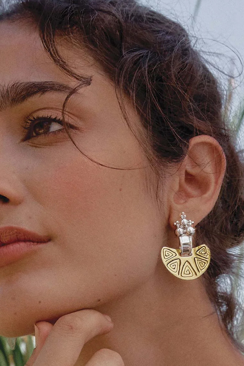 Jude Benhalim Sulla Luna mix earrings featuring mixed metal design and crescent moon shape, displayed on a neutral background.