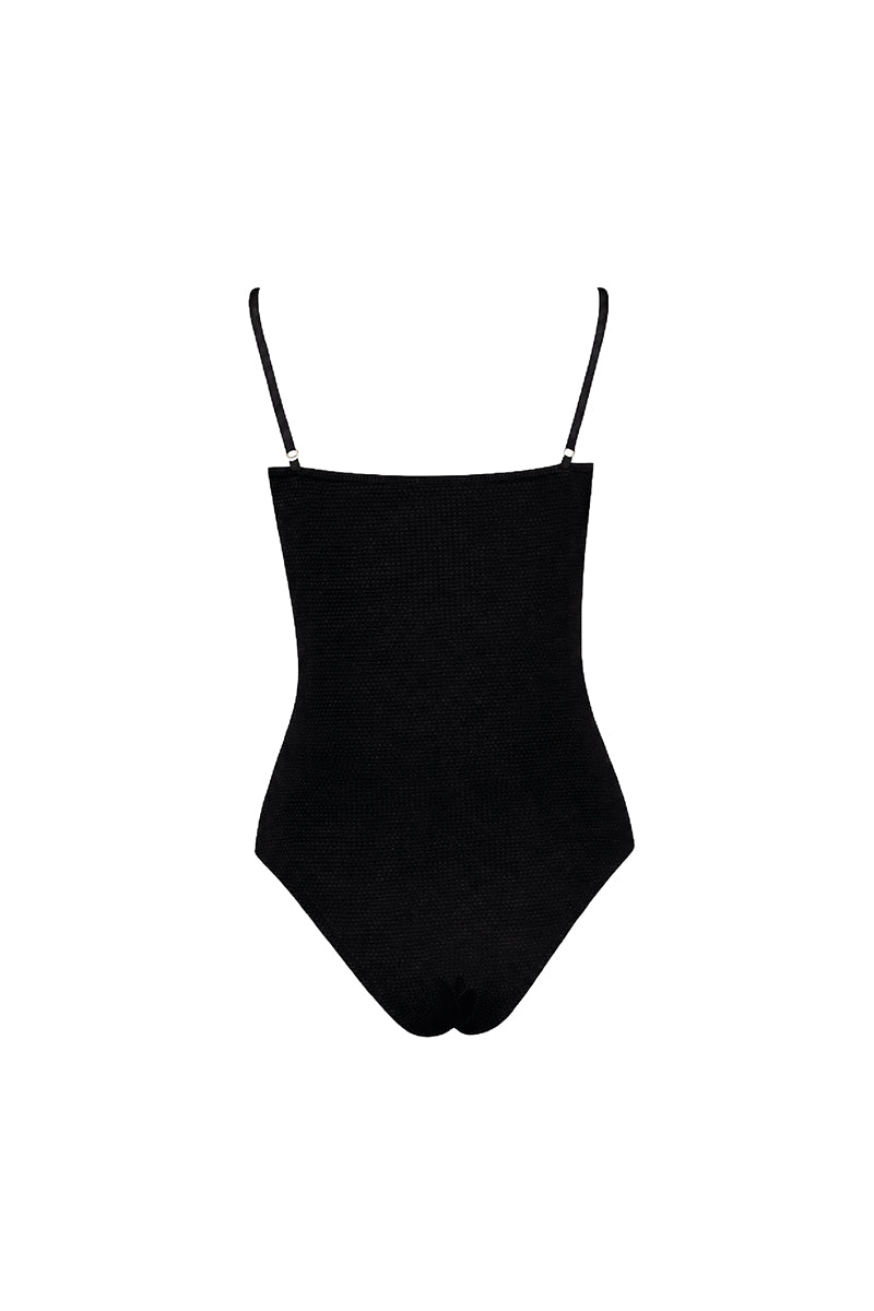 Black Verdelimon Sumatra one-piece swimsuit displayed from the front, showcasing a sleek, fitted design perfect for swimming and beachwear.