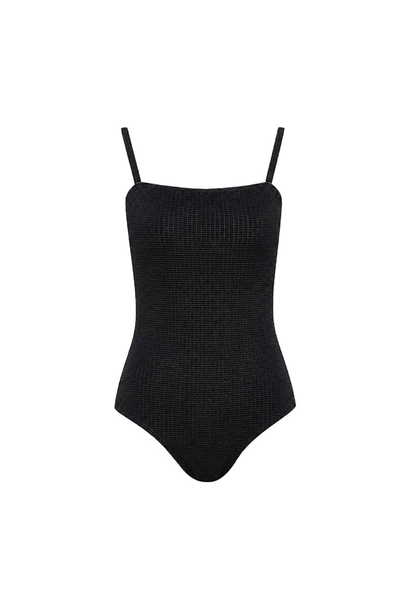 Black Verdelimon Sumatra one-piece swimsuit shown from the back with sleek design and shoulder straps.