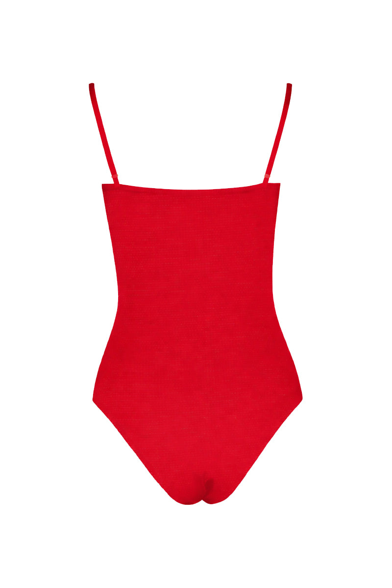 VerdeLimon Sumatra one-piece swimsuit in cherry color, back view showcasing stylish design and comfortable fit.