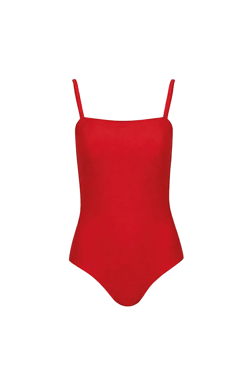 Verdelimon Sumatra one-piece swimsuit in cherry, featuring a stylish design, front view, perfect for beach and poolwear.