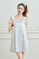 Blue summer fruits women's short nightdress by MANITO, lightweight and comfortable mini sleep dress for warm nights.