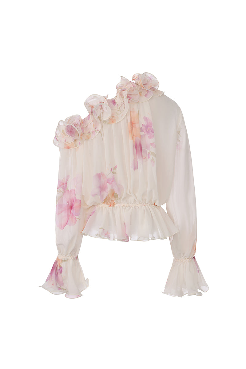 Cream floral summer top with ruffle details by Nana Jacqueline, featuring a stylish and breathable blouse for warm weather.
