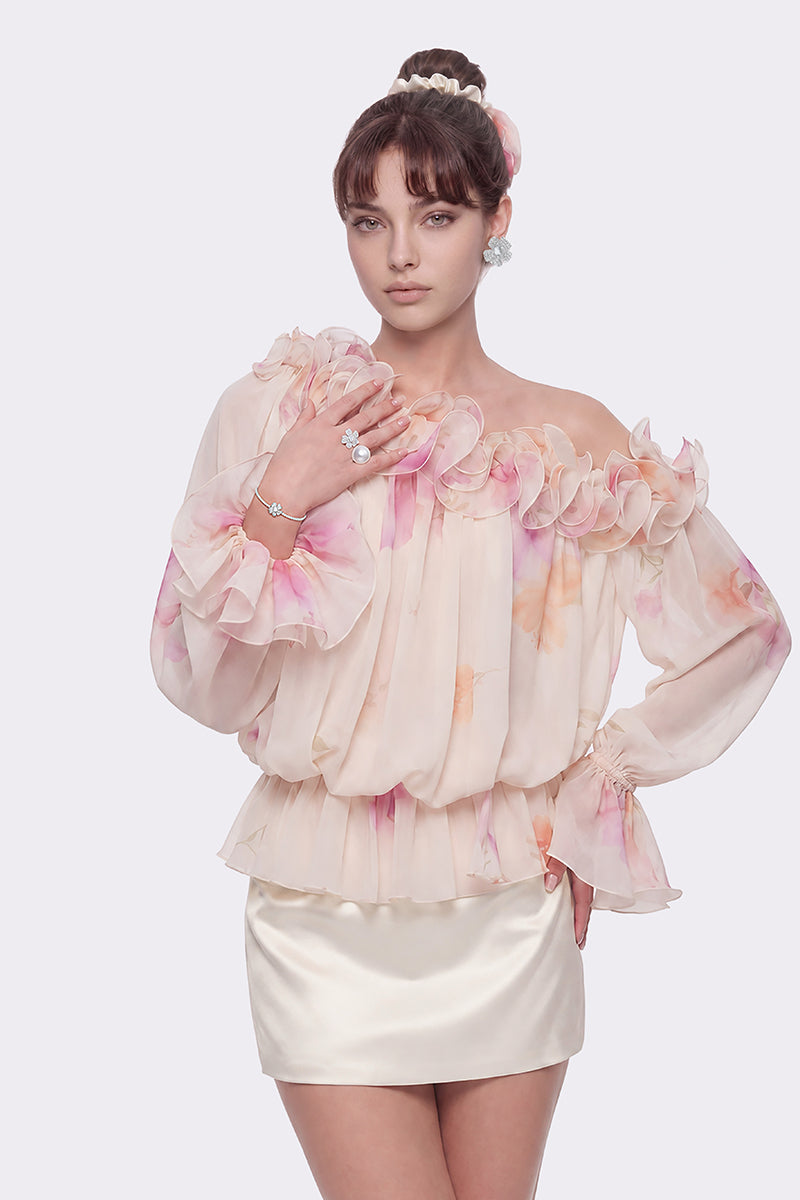 Cream floral summer top by Nana Jacqueline featuring ruffle details, perfect for warm-weather casual wear.
