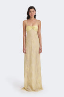 Yellow lace maxi dress featuring a slip design from Stolen Stores Swan collection, perfect for elegant summer occasions.