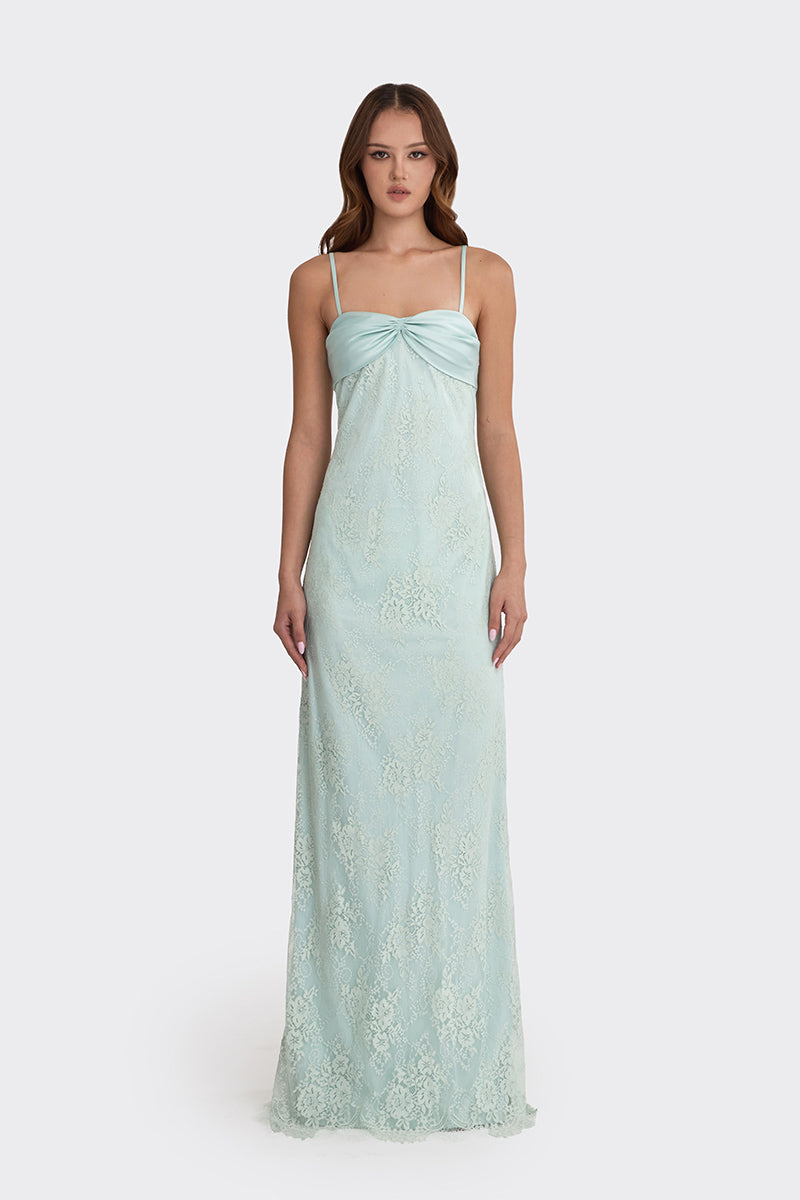 SWAN MAXI SLIP LACE DRESS IN DUSTY GREEN