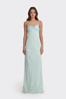 Dusty blue Swan Maxi Slip Lace Dress by Stolen Stores, featuring delicate lace details and a flowing maxi silhouette.