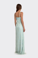 Dusty blue Swan Maxi Slip Dress with lace details from Stolen Stores, featuring a elegant neckline and flowing silhouette.