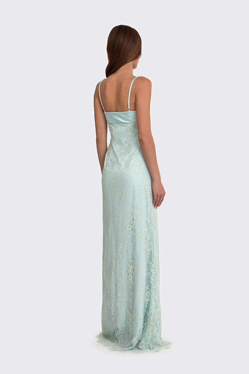 Dusty blue Swan Maxi Slip Dress with lace details from Stolen Stores, featuring a elegant neckline and flowing silhouette.