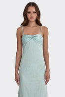 Dusty blue Swan Maxi Slip Dress with lace details from Stolen Stores, featuring a elegant neck design and flowing maxi length.