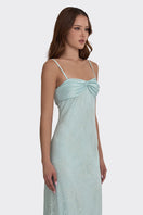 Dusty blue Swan Maxi Slip Dress with lace details by Stolen Stores, featuring a elegant neckline and flowing silhouette.
