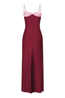 Stolen Stores Swan Slip Maxi Dress in burgundy and pink, front view showing flowy fabric and stylish design.