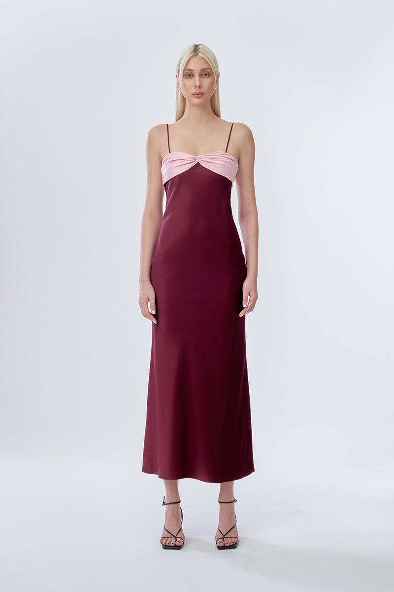 SWAN SLIP MAXI DRESS IN BURGUNDY AND PINK - CULT MIA