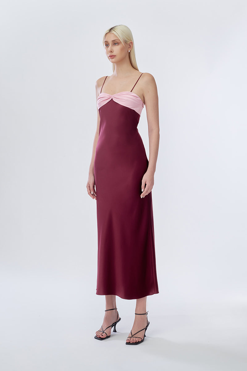 SWAN SLIP MAXI DRESS IN BURGUNDY AND PINK - CULT MIA