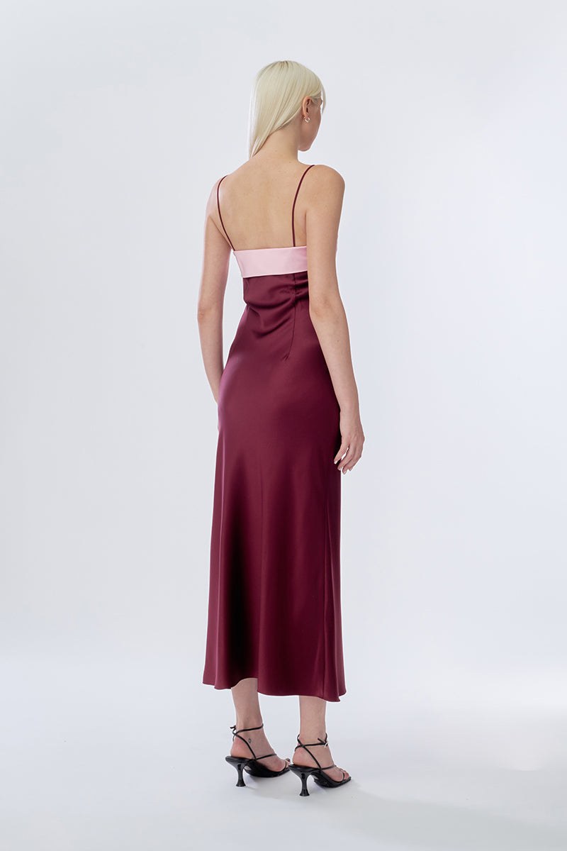 SWAN SLIP MAXI DRESS IN BURGUNDY AND PINK - CULT MIA