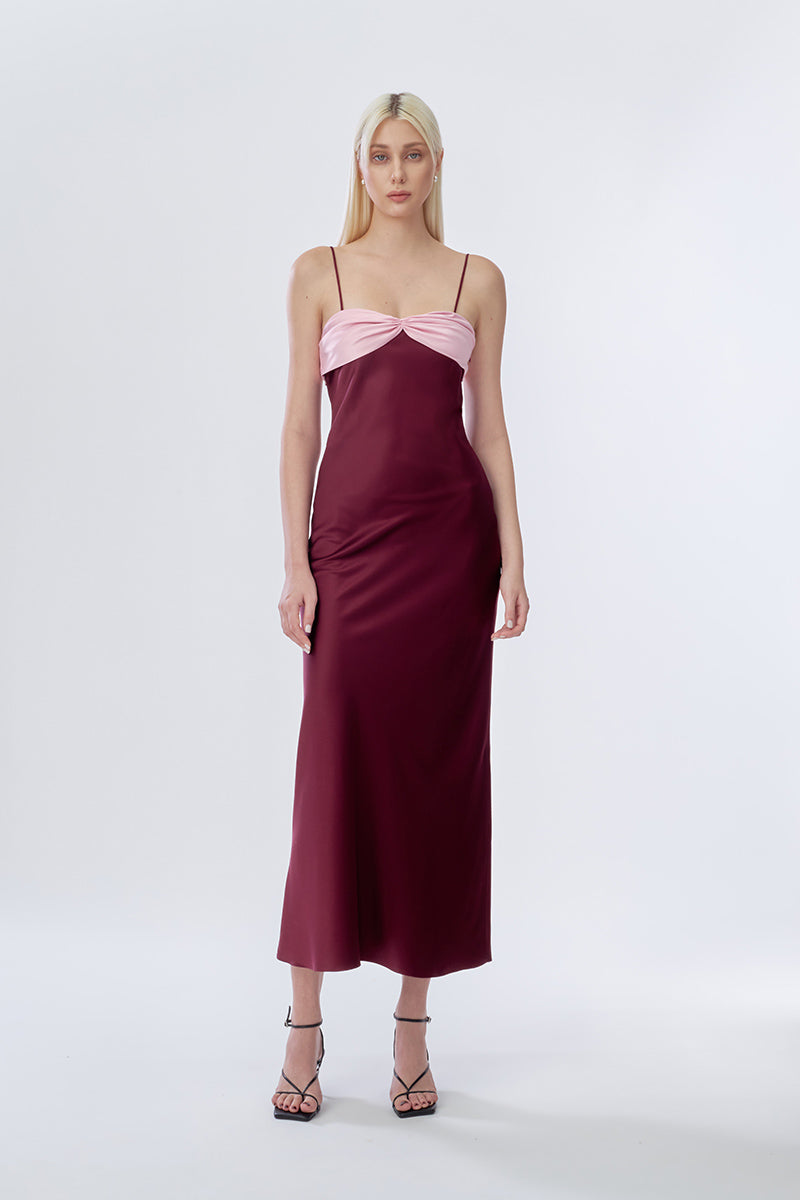 SWAN SLIP MAXI DRESS IN BURGUNDY AND PINK - CULT MIA