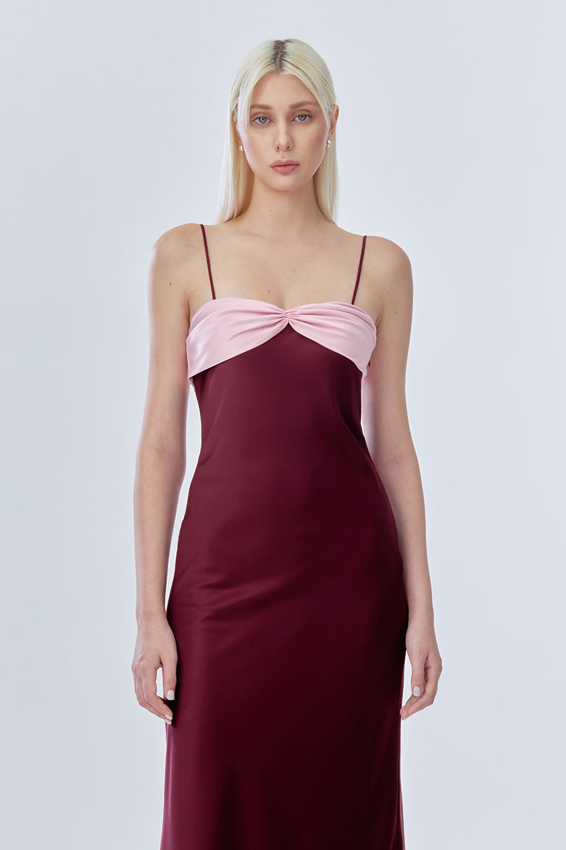 SWAN SLIP MAXI DRESS IN BURGUNDY AND PINK - CULT MIA