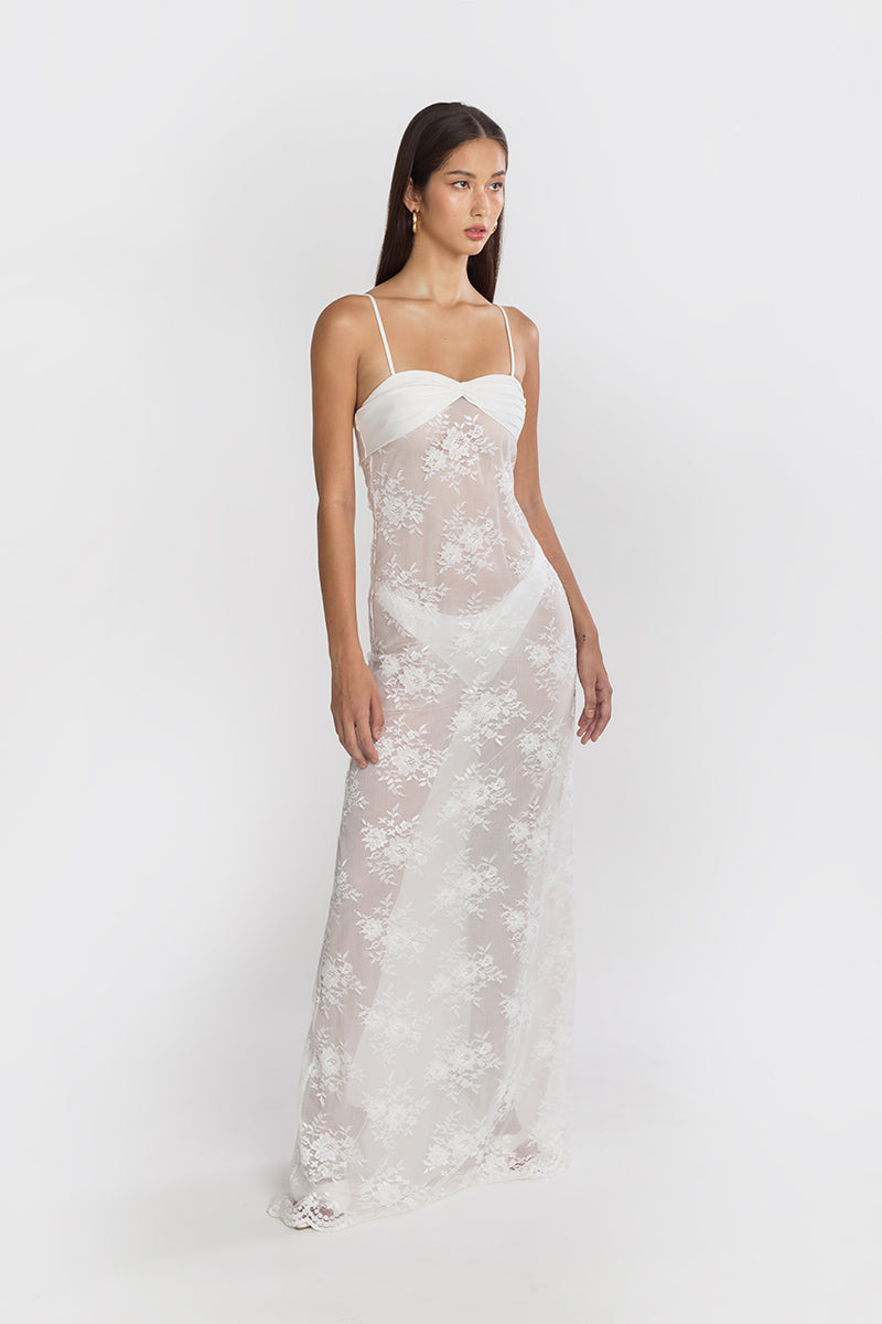 LACE SWAN SLIP MAXI DRESS IN WHITE - CULT MIA
