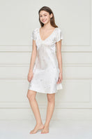 Beige silk nightgown for women by MANITO, featuring a flowing design and elegant fabric, perfect for comfortable sleepwear.