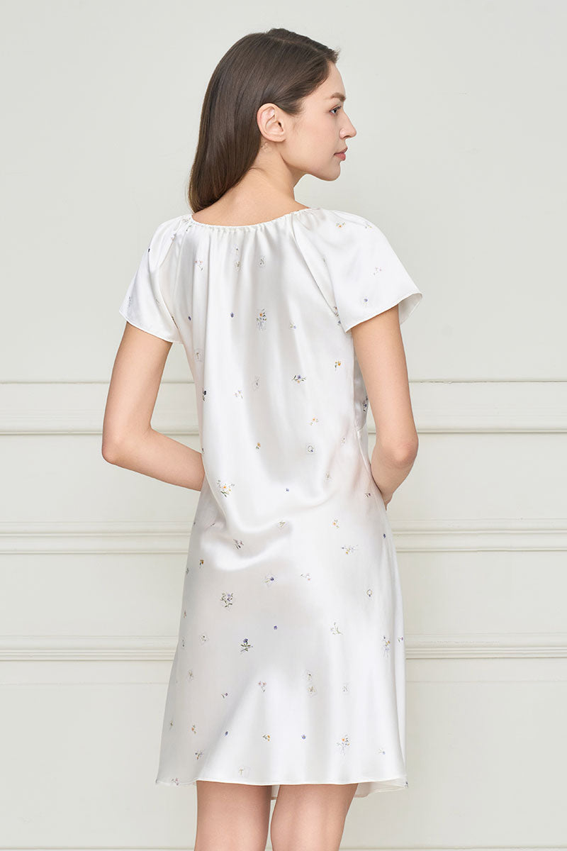 Beige silk nightgown for women by Manito, featuring a flowing design and elegant fabric perfect for comfortable sleepwear.