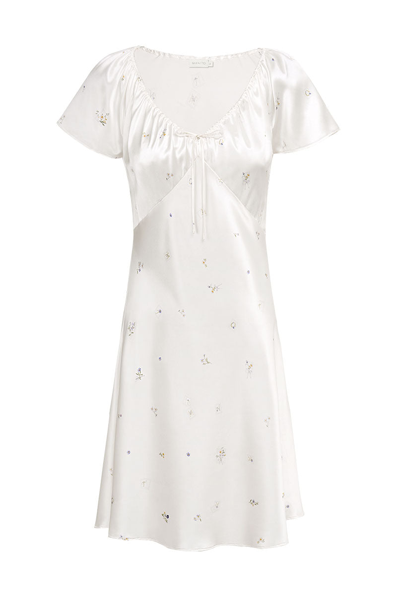 Beige silk nightgown for women from Sweet Garden by MANITO, featuring a flowy, elegant design perfect for sleep or lounging.