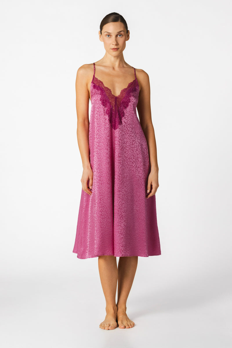 NK IMODE Sydney Seaside A-line long silk nightgown in vibrant freesia color, flowing design with delicate fabric details.